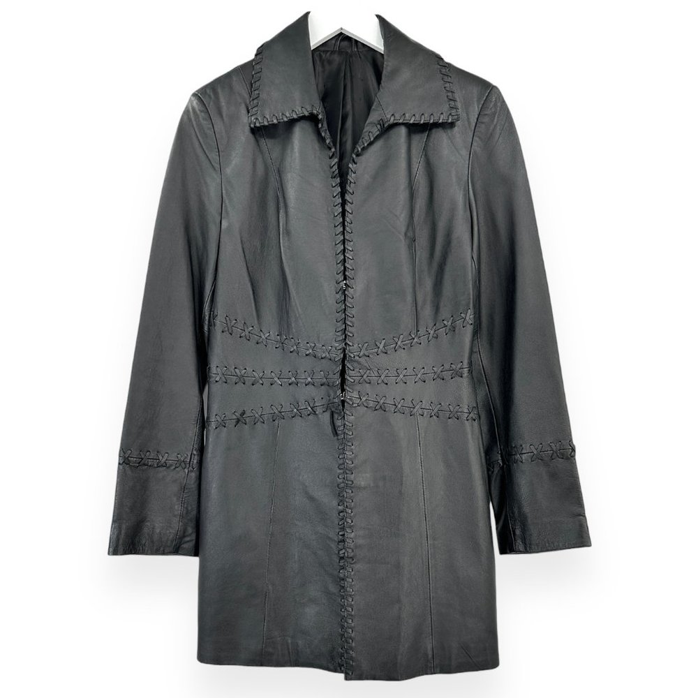 Vintage Black Hand Cross Stitched Leather Coat